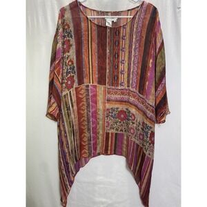 Coldwater Creek Woman's Size L/XL Multicolor Floral Silk Top Boho Geo Patchwork